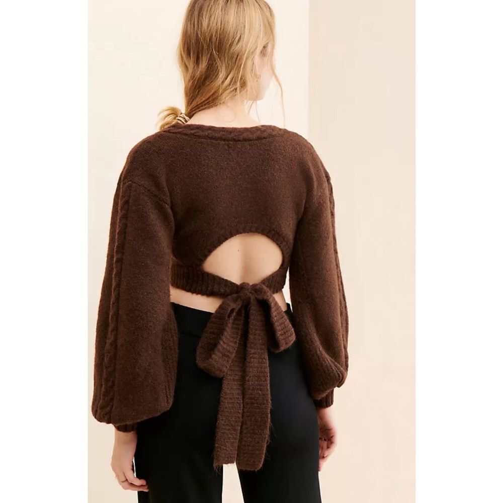 For Love & Lemons Cropped Amelia Sweater Chic Brown Knit with Back Tie Size XL